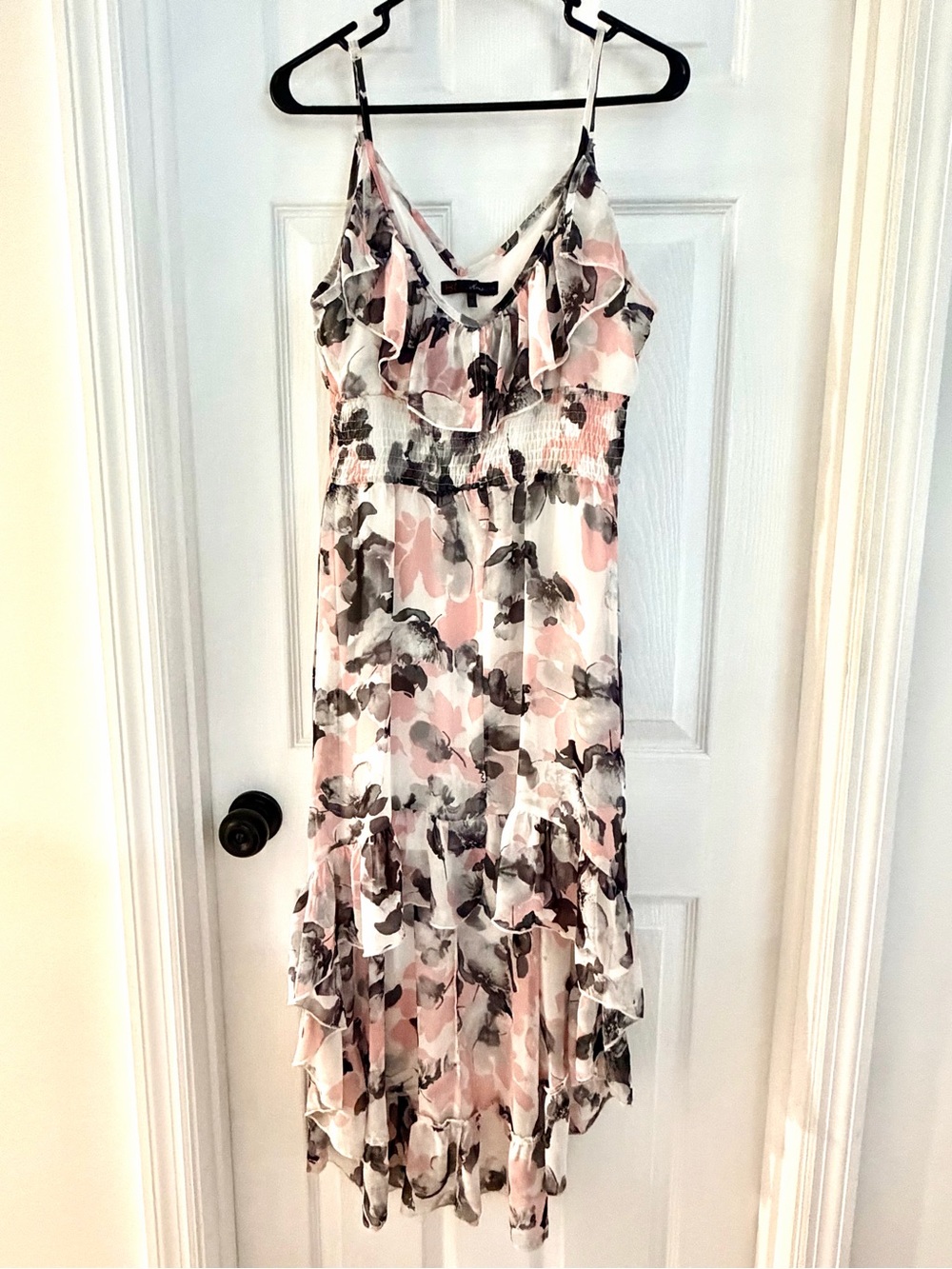 HeartSoul Pink and Gray Floral Asymmetrical Ruffle Midi Dress